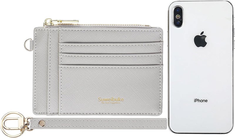 Wikavanli Women Slim Rfid Blocking Credit Card Case Holder Wristlet Zip ID Case Wallet Small Compact Leather Wallet Coin Purse with Keychain (Light Gray) - Image 3